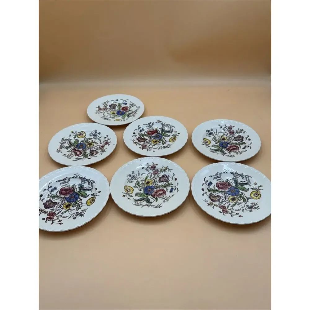 7 Vernon Kilns California USA May Flower Floral Desert Plates 6 1/2